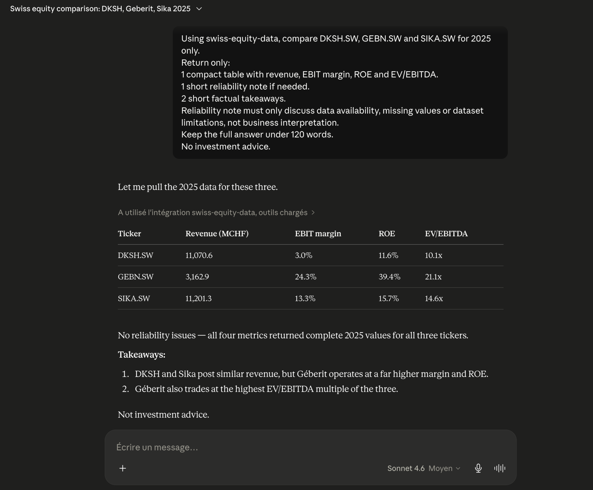 Claude Desktop using the Swiss Equity Data local MCP beta to compare DKSH.SW, GEBN.SW and SIKA.SW — compact table with revenue, EBIT margin, ROE and EV/EBITDA for 2025